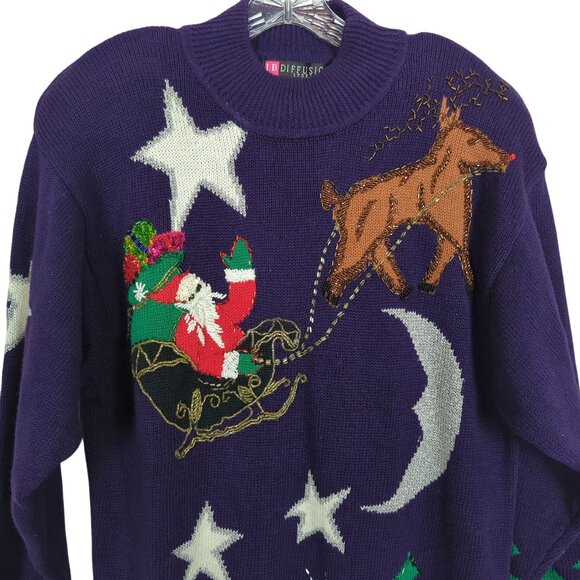 Vintage IB Diffusion Sport Christmas Purple Sweater L Santa Claus Beaded 90s - Picture 4 of 16